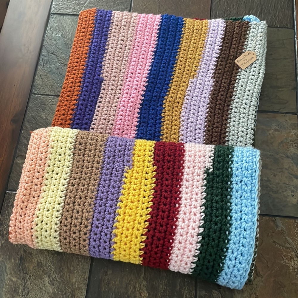 “Summer Fields” Homemade Crocheted Super Soft Striped Throw- New